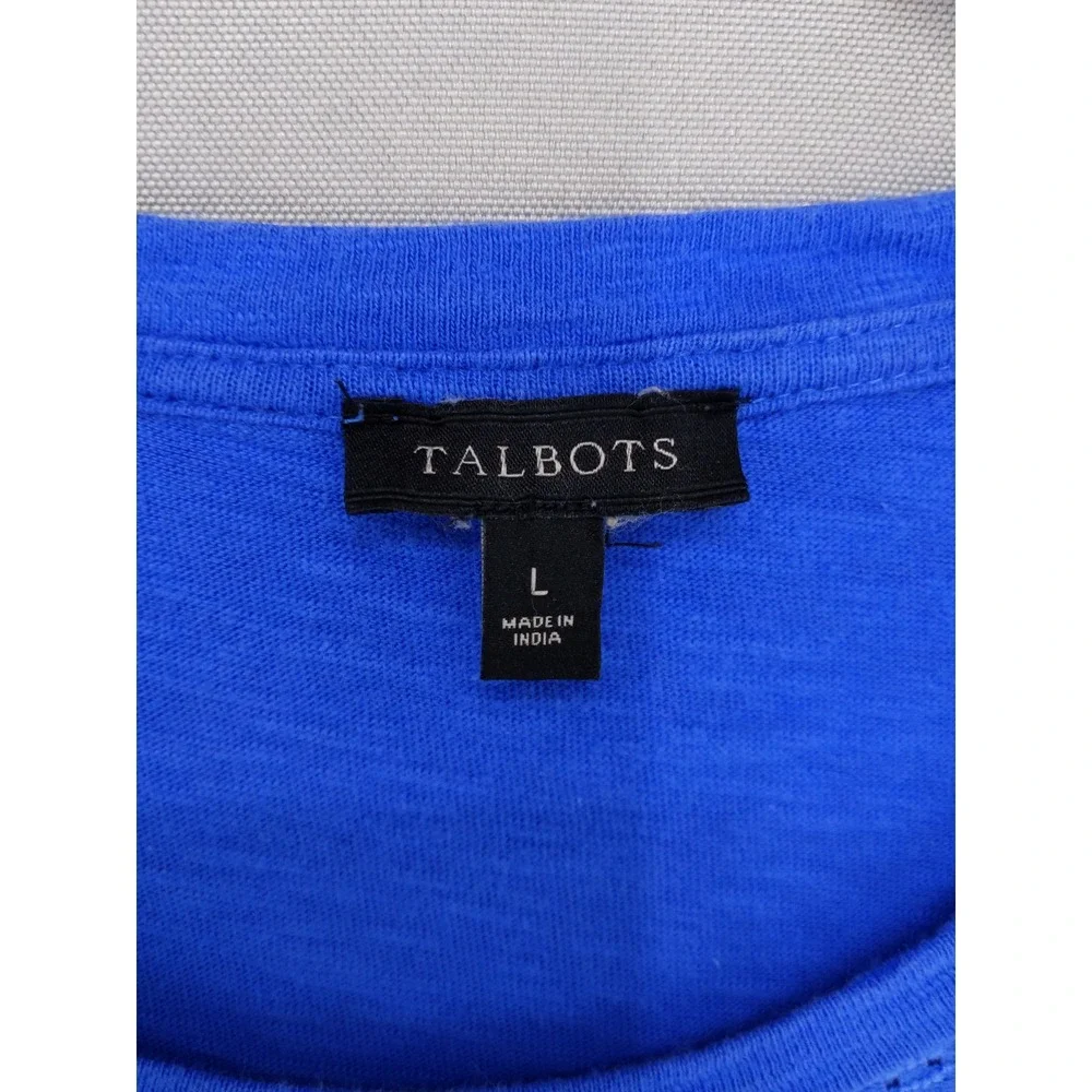 Talbots Lace Front Top Women Large Blue Short Sleeve Floral Overlay Crew Neck